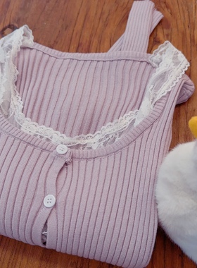 rom2温柔假两件 复古灰紫色 内里透视蕾丝法式修身高腰长袖针织衫