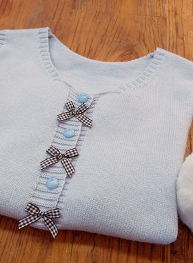 rom2高品质 叠穿好物 温柔云朵蓝色 森女学院风 蝴蝶结背心马夹