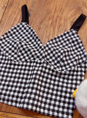 rom2微瑕 甜辣风个性黑色 显瘦v领 黑白格子打底吊带背心