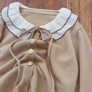 rom2美拉德穿搭 复古荷叶边娃娃领蝴蝶结软糯针织毛衣 温柔奶茶色