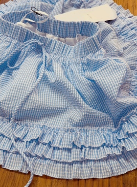 rom2高品质 防走光 芭蕾风 蓝色格子 甜美荷叶边 松紧腰半身短裙