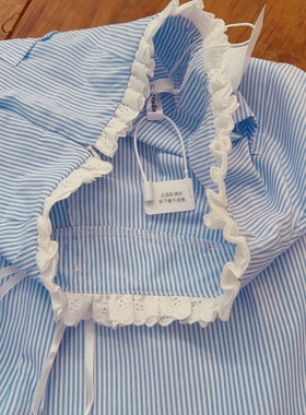 rom2高品质 有口袋 荷叶边拼接 甜美蓝色竖条纹 休闲显瘦直筒裤