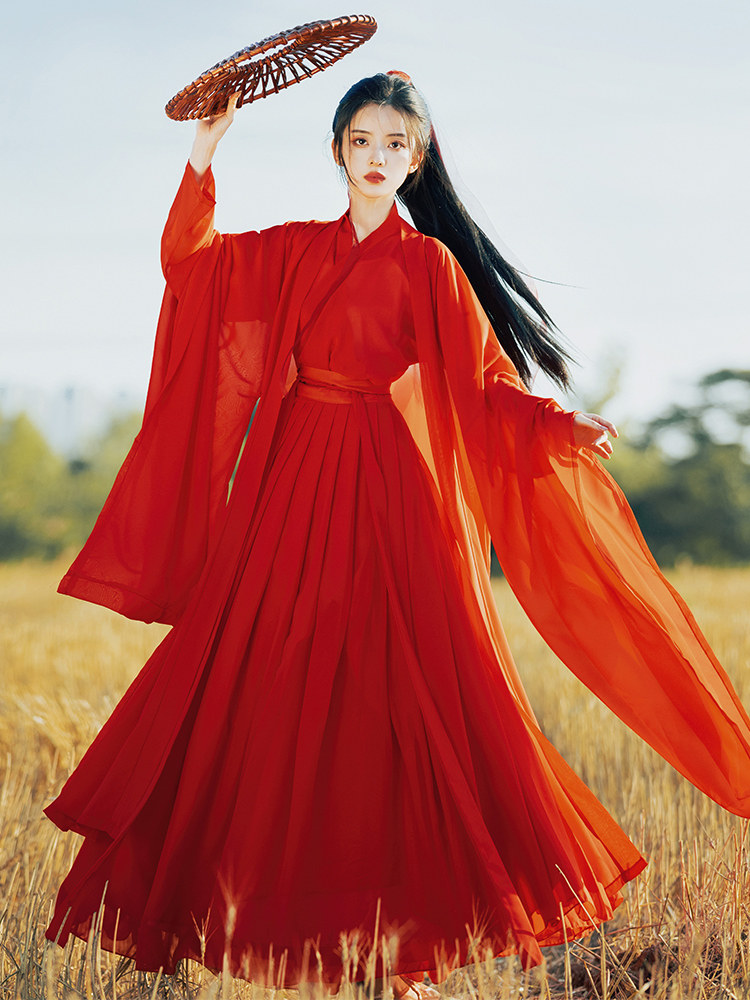 原创正品红色魏晋古风武侠汉服女中国风齐腰襦裙超仙飘逸夏季日常