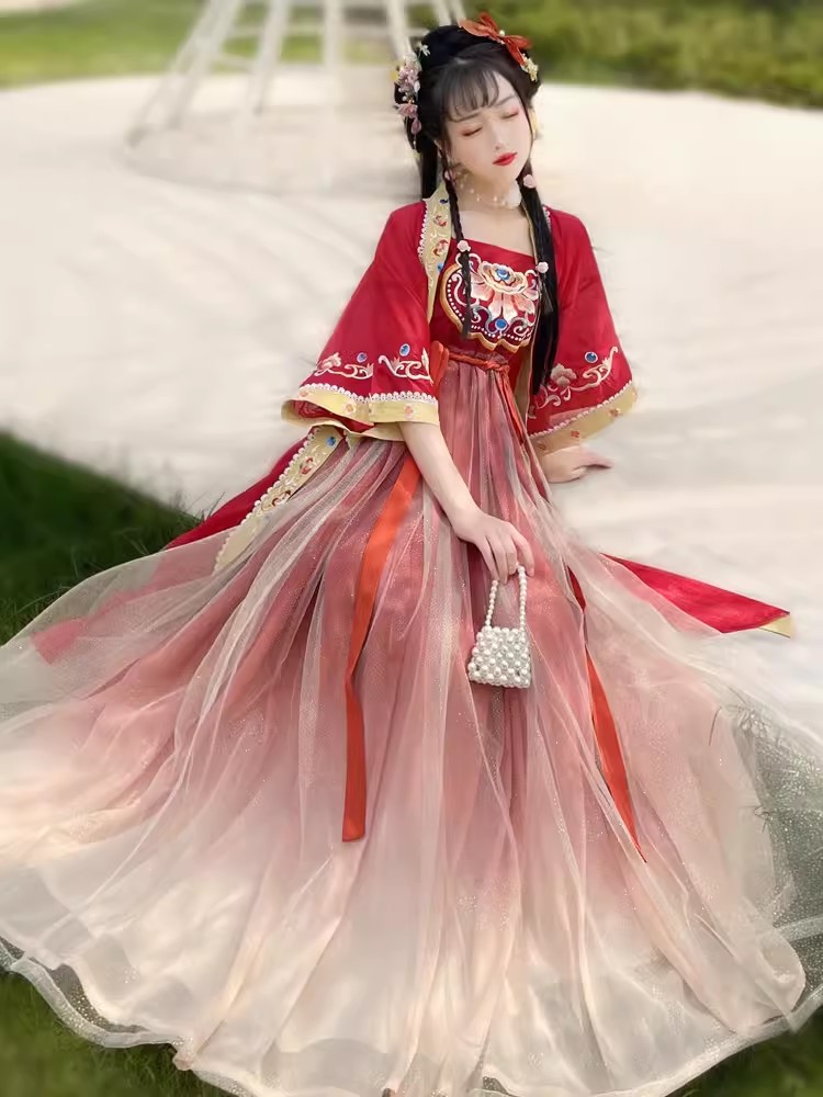 唐制诃子裙汉服女2024新款学生日常春夏季改良红色柯子裙仙气古装