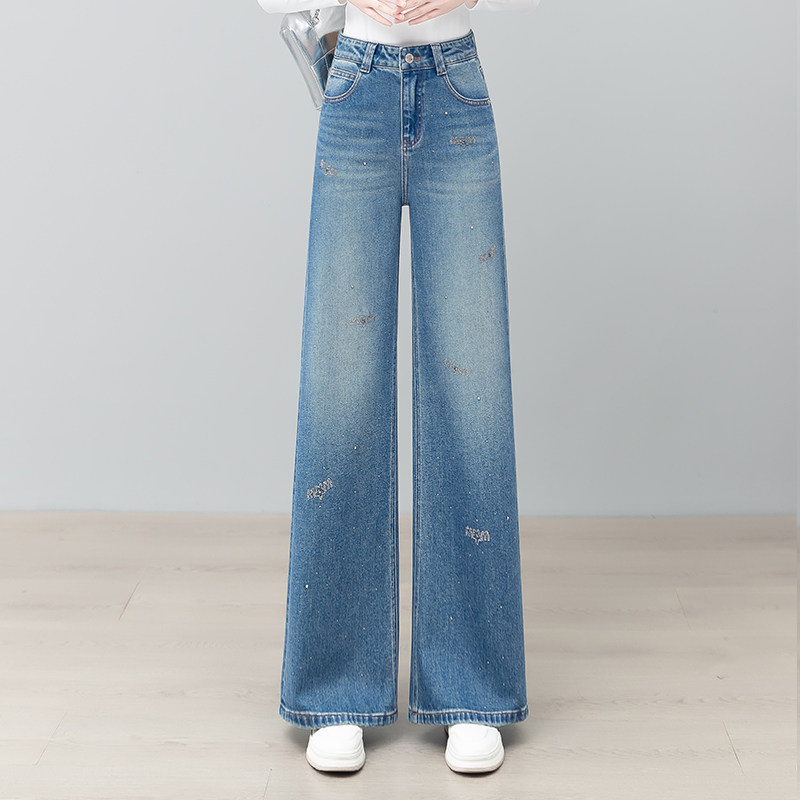 浅蓝色阔腿牛仔裤女春秋2026新款时尚刺绣高腰宽松垂感休闲直筒裤
