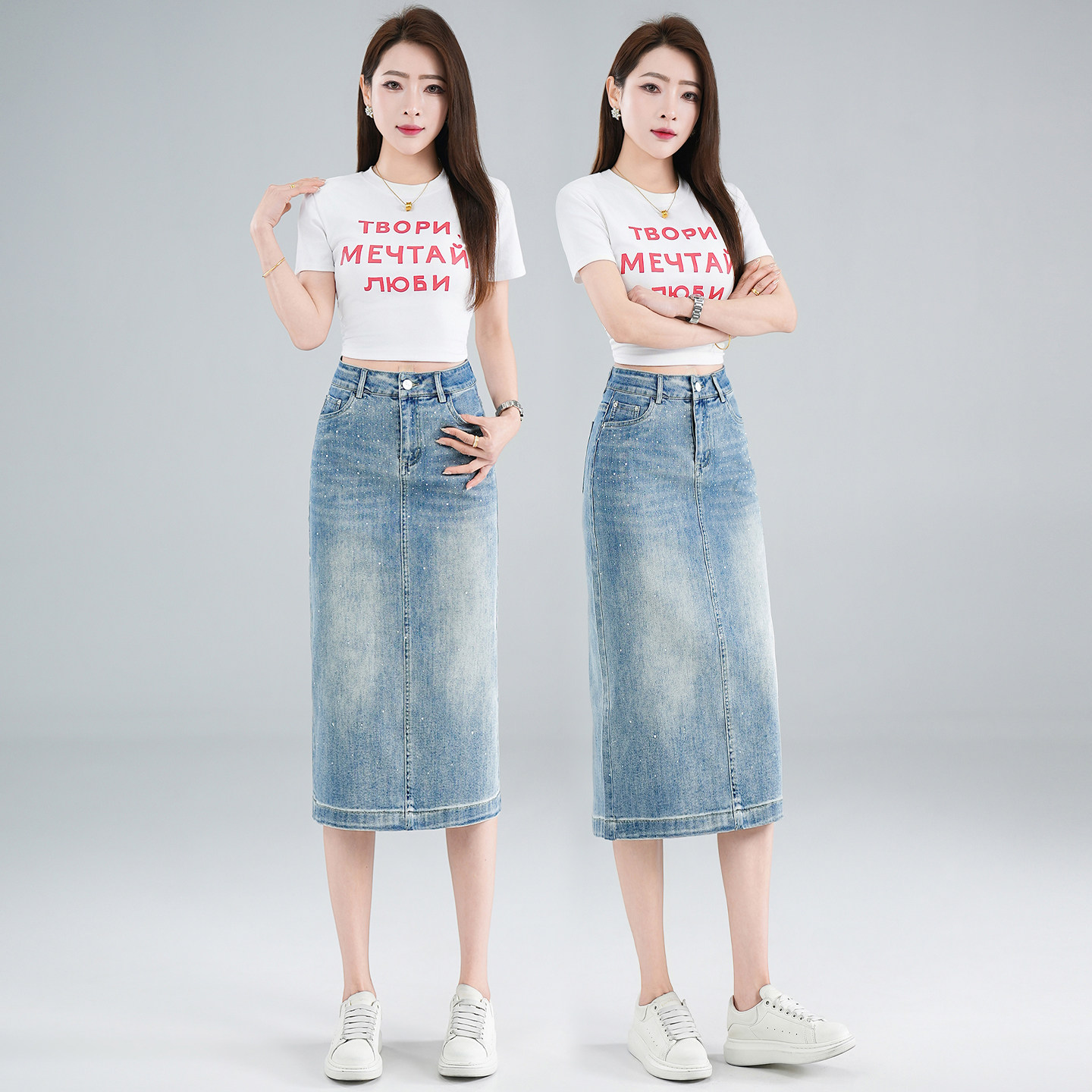 爆款重工烫钻牛仔半身裙女2026春夏新款显瘦百搭高腰宽松中长裙裤