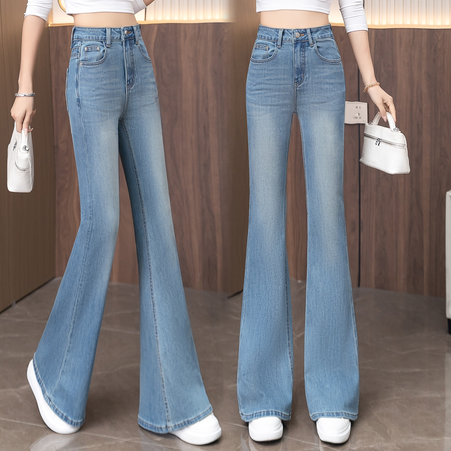 2026新款浅蓝色微喇牛仔裤女春秋季高腰修身显瘦弹力直筒喇叭裤子