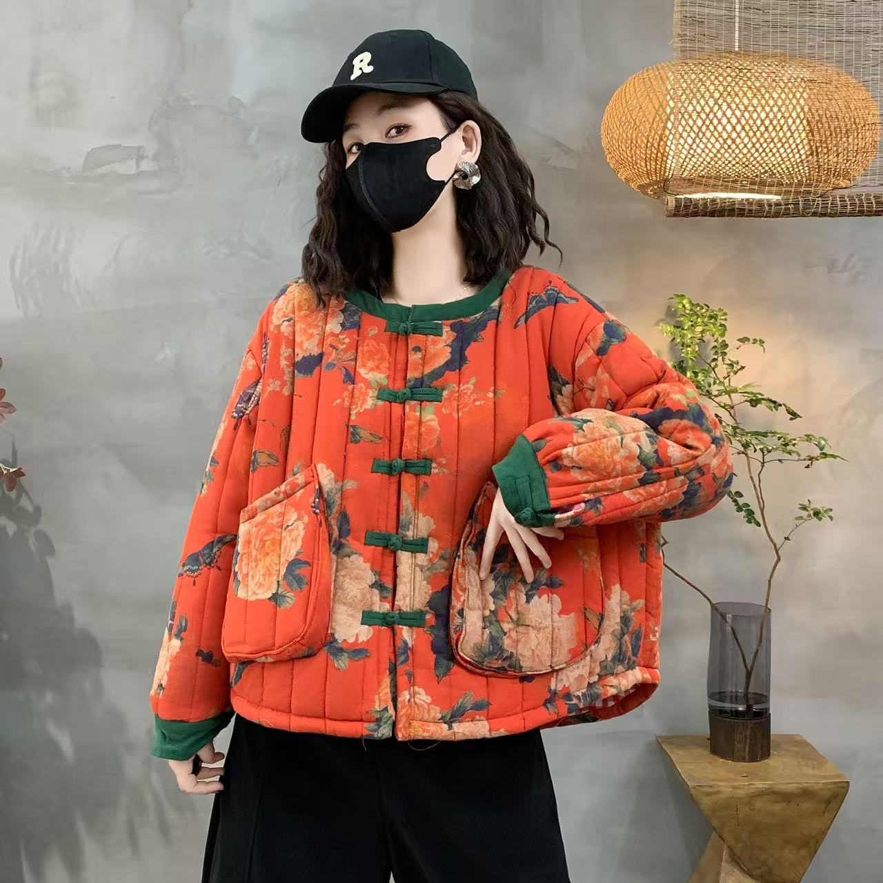 小个子中式花色棉麻短棉袄外套