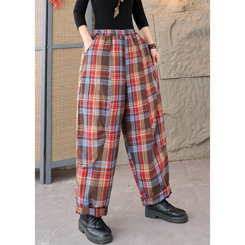 复古格子加绒哈伦裤休闲小脚裤女