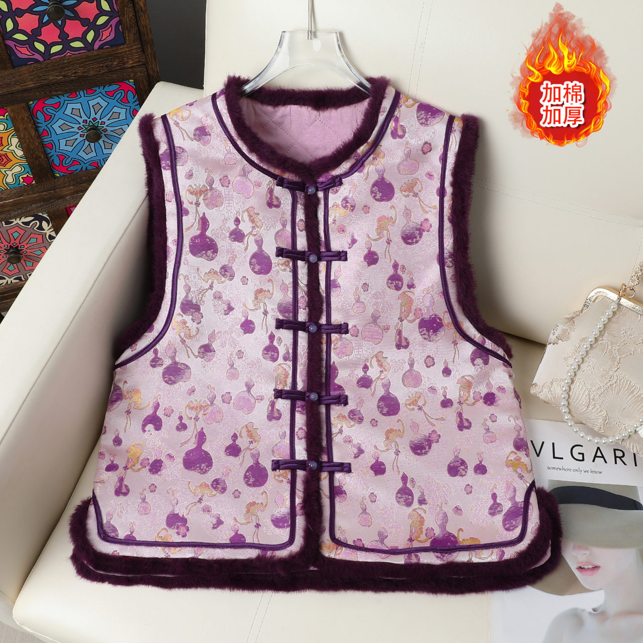 新中式国风立领盘扣夹棉马甲女冬