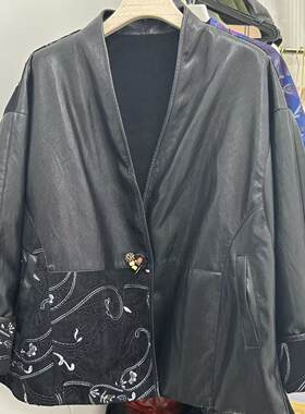 新中式皮衣V领刺绣加绒秋冬外套