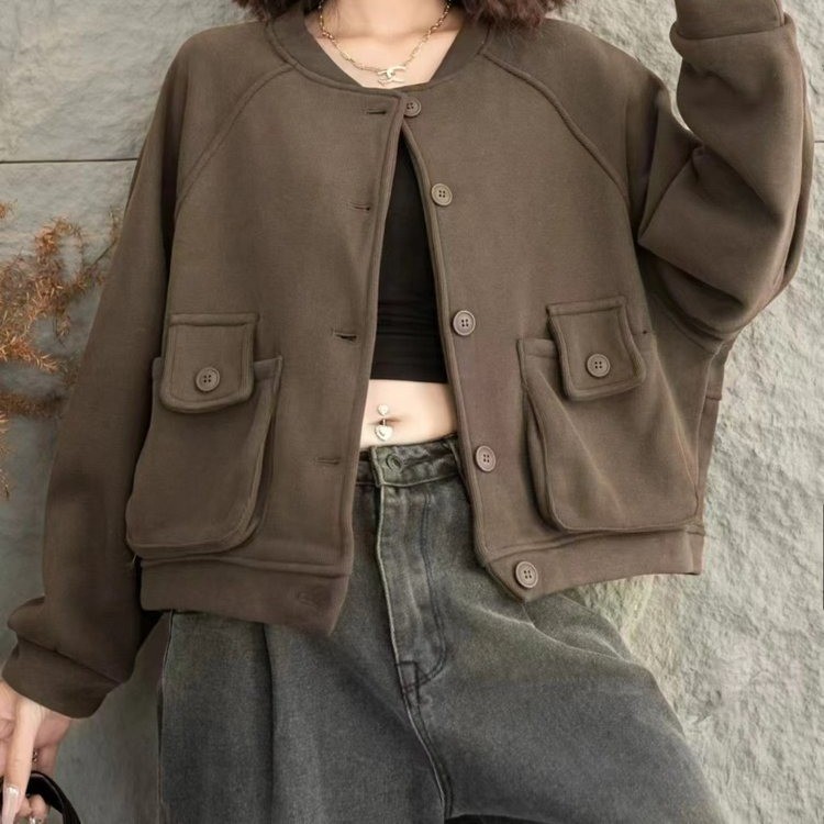 简约减龄棒球服开衫加绒保暖外套