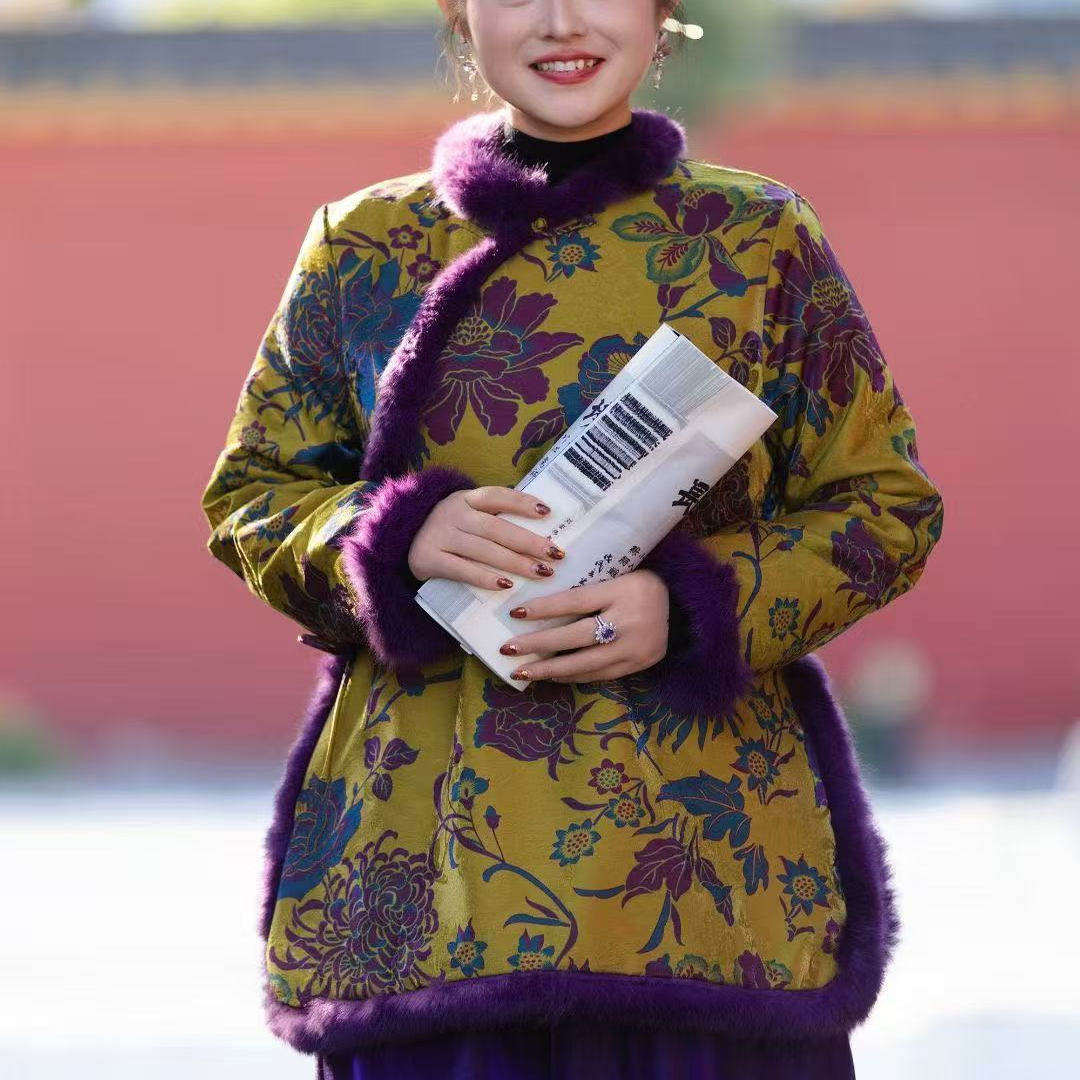 新中式国风毛领斜襟唐装棉服外套