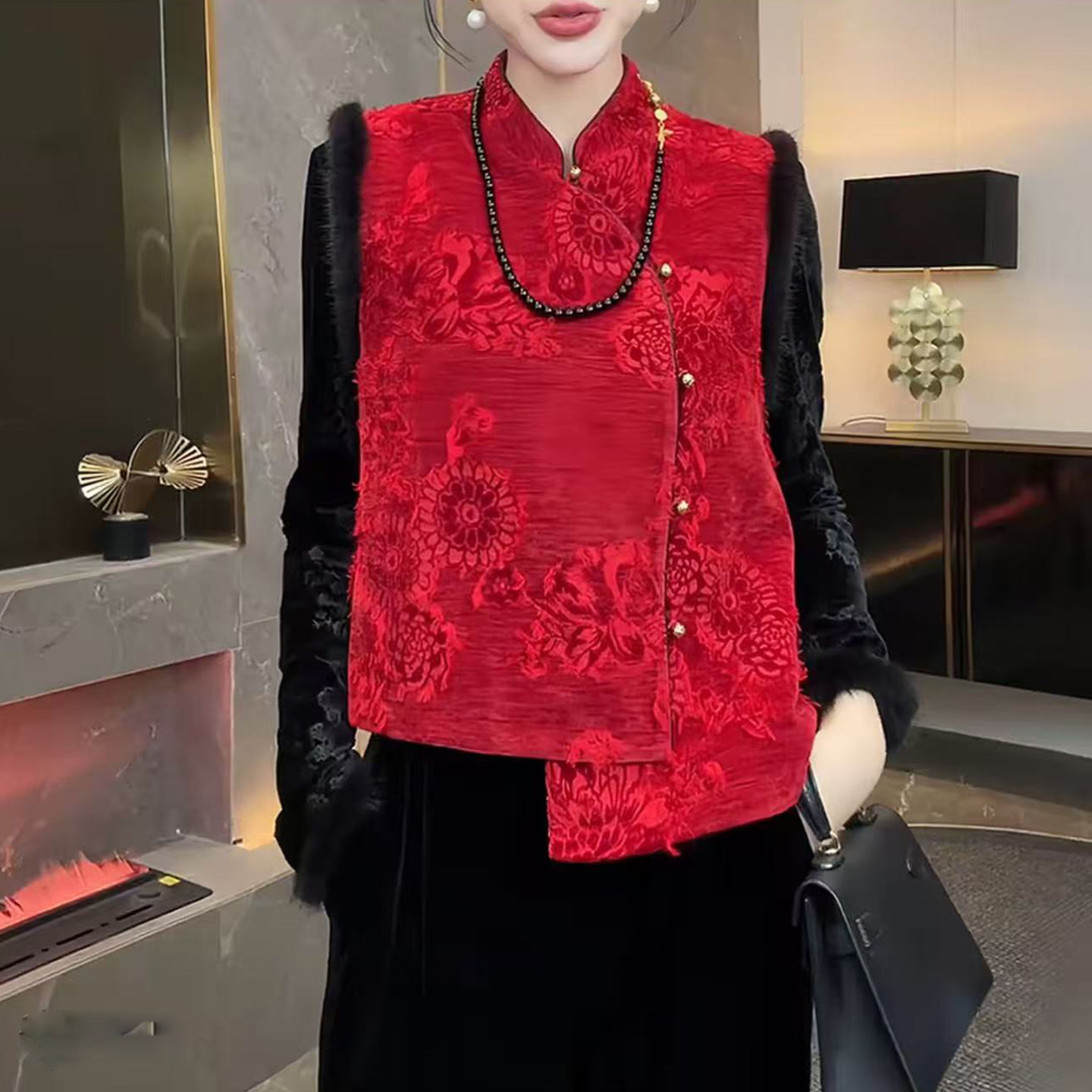 拜年服新中式国风不规则旗袍马甲