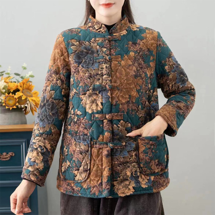 立领棉麻文艺复古短款夹棉外套女