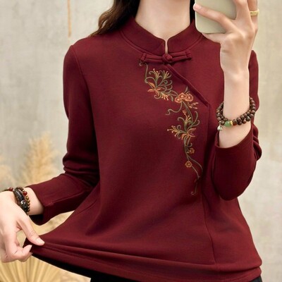 冬季新中式立领刺绣加绒打底衫女