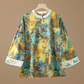 重工刺绣斜襟珍珠扣立领复古七分小衫 云锦江山中式 上衣春秋新款