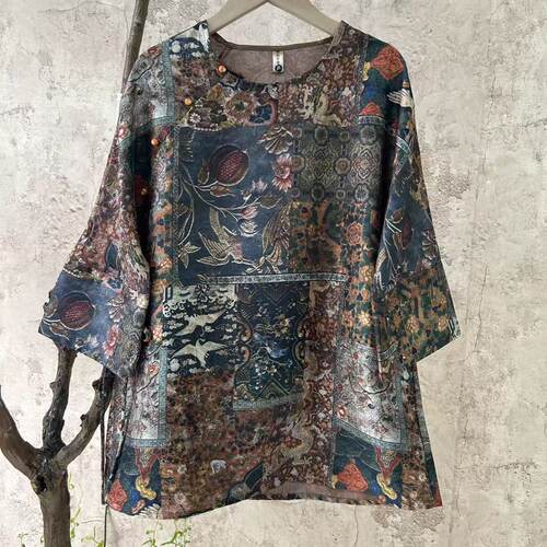 复古元素优雅浮光锦七分袖花衬衫