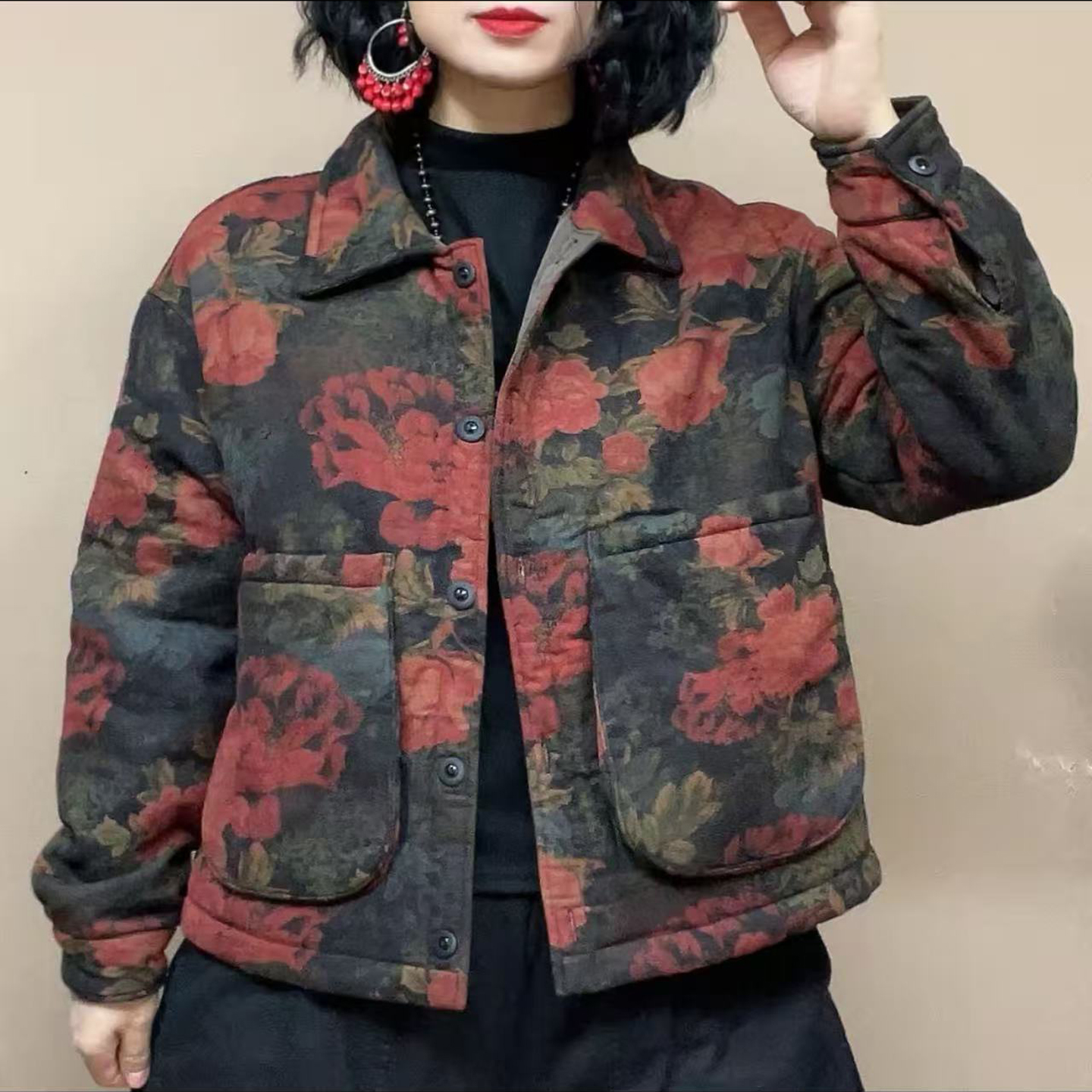 民族风休闲宽版百搭大码印花棉衣