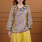 新中式 上衣女斜襟复古人丝提花缎茶服女 通勤春夏国风圆领九分袖