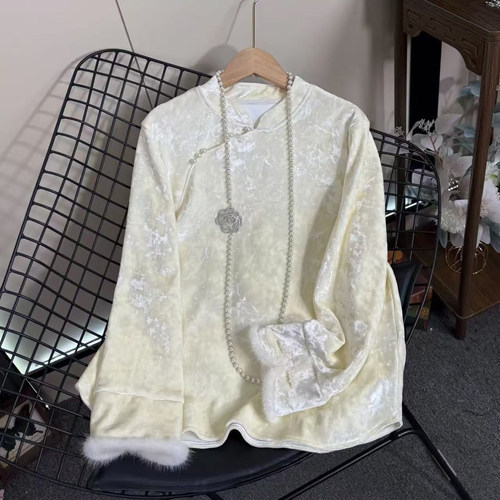 秋冬新款中式国风丝绒加绒打底衫