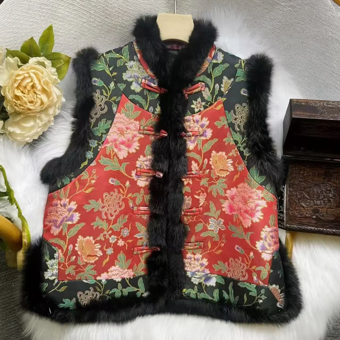 织锦提花国风加棉坎肩毛领棉马甲