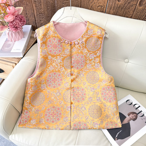 新中式轻奢织锦提花盘扣双面可穿马甲女早春百搭国风坎肩马夹外套