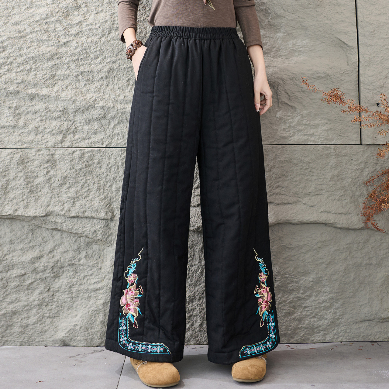 民族风刺绣棉裤夹棉直筒九分裤
