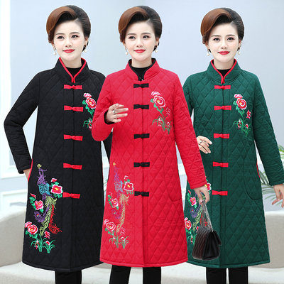 中长款复古民族风刺绣盘扣棉服女