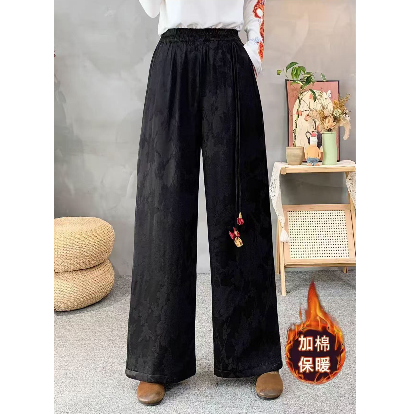 冬季新中式国风提花夹棉直筒裤女