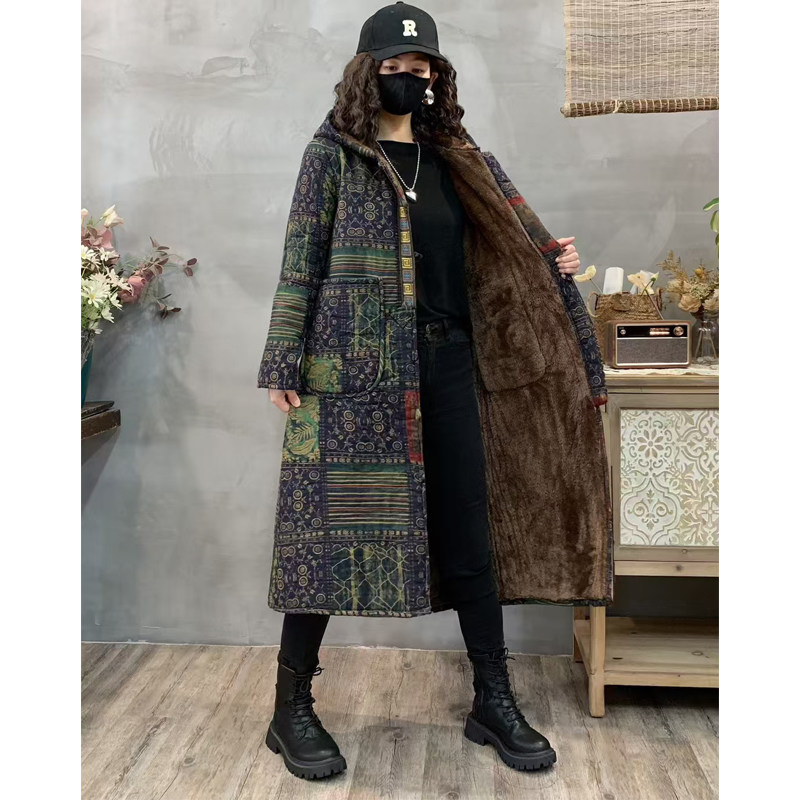 棉麻复古印花中长风衣棉外套