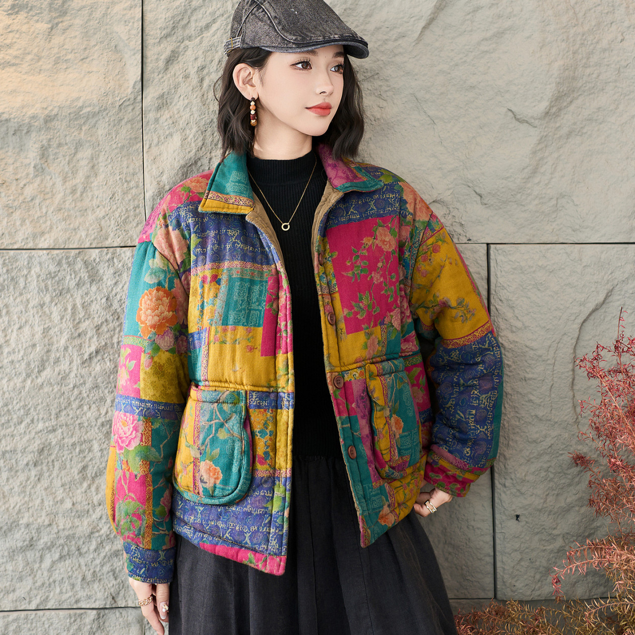 宽松大码复古印花翻领冬季棉服女