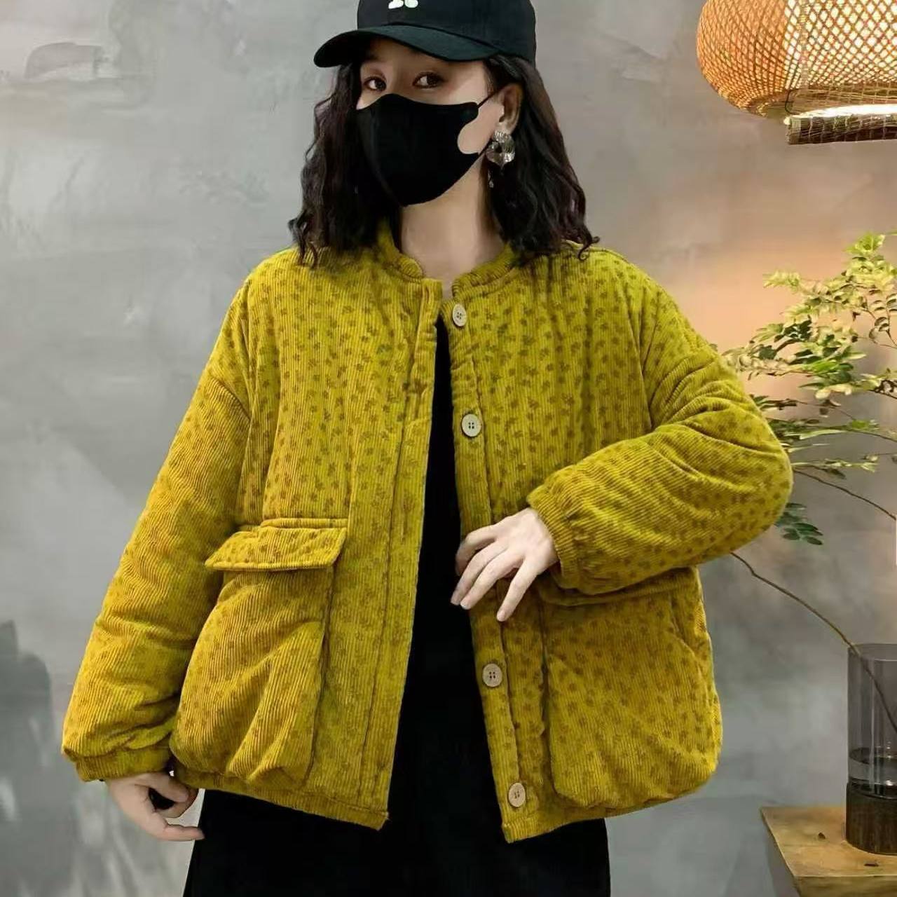 复古灯芯绒印花加绒保暖花棉袄女