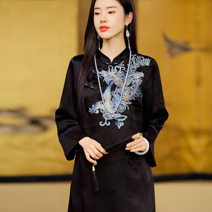 复古日记2024新款桑蚕丝绣花长裙新中式国风女装连衣裙241L5100
