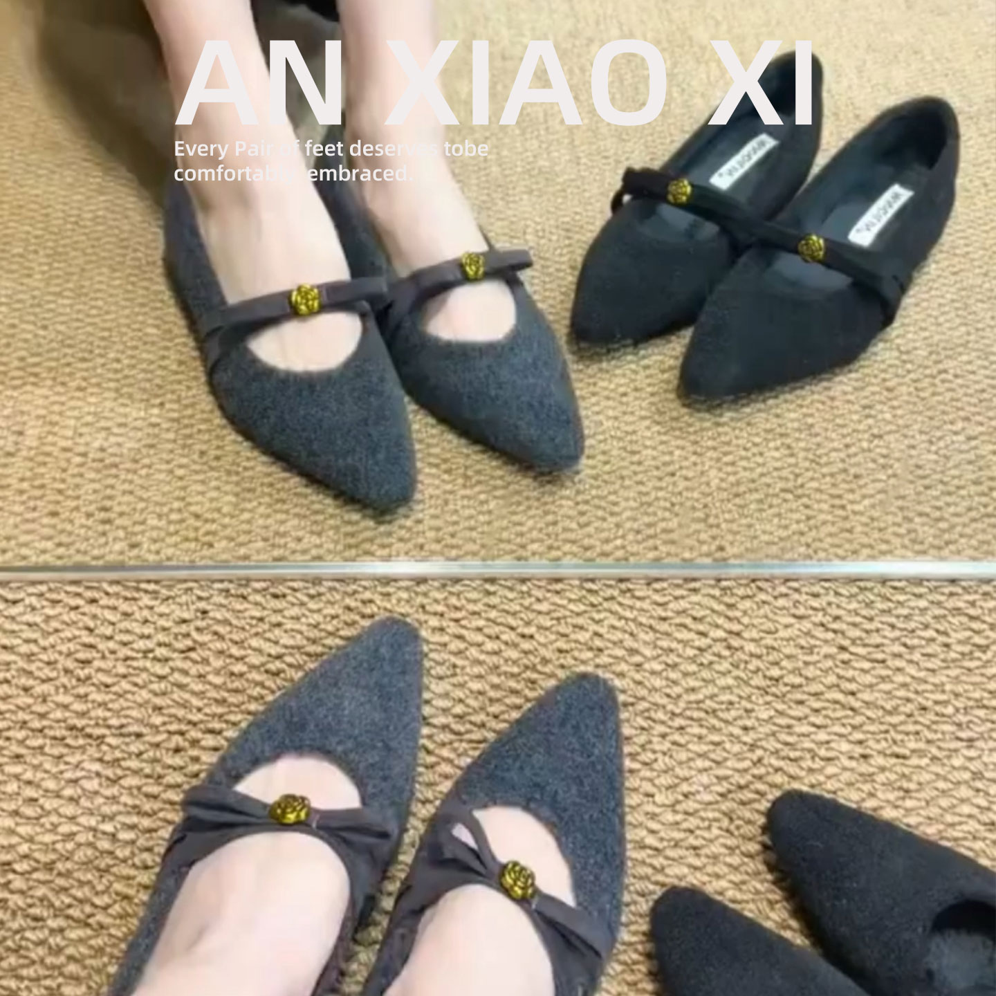 安小夕~法式尖头玛丽珍绒毛毛鞋