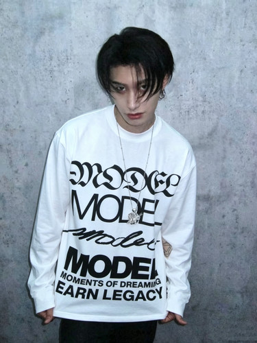 MOONWAV MODEL大字报标语印花长袖T恤秋季全棉宽松上衣李大奔同款