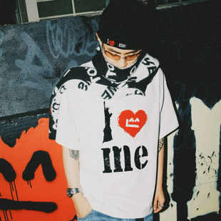 【I LOVE ME】邦BANG 爱心坏笑脸短袖T恤 短宽版厚板植绒体恤短t