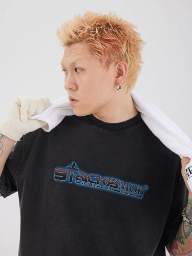 【BLACK8MOB】2026SS美式星际十字架LOGO水洗做旧破坏圆领短袖T恤