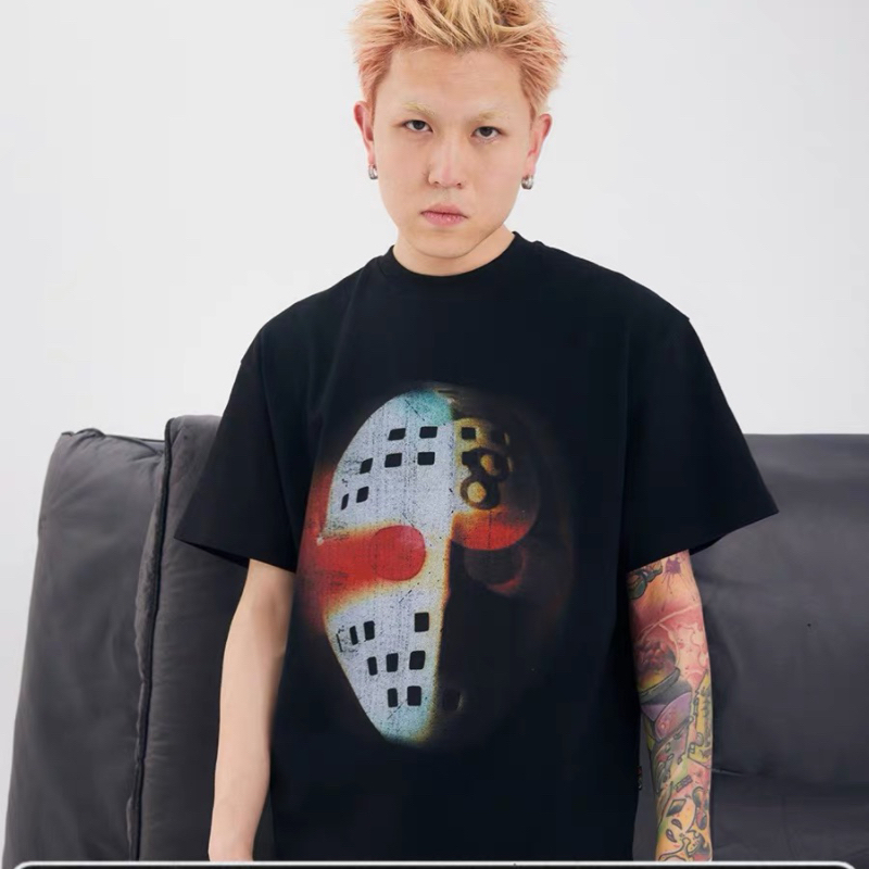 【BLACK8MOB】2024SS黑色星期五面具印花纯棉宽松男女短袖T恤潮流