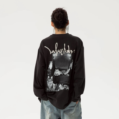 重磅LOVEMELATER王以太瞪主理印花猫猫沙发长袖T恤美式宽松秋冬男