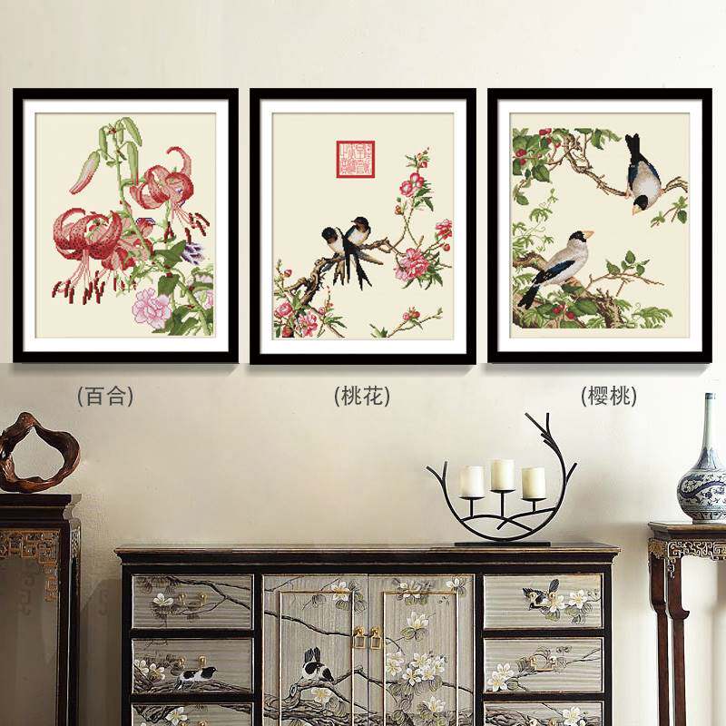 【26-31日福利款】ks十字绣仙萼长春图百合樱桃桃花中国风三联