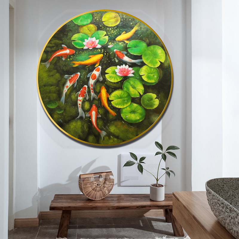 新中式客厅玄关装饰画圆形九鱼荷花图纯手绘油画餐厅挂画风水招财图片