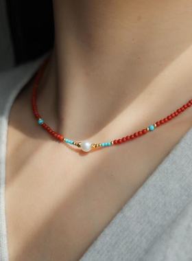 新中式南红小米珠项链天然原石红色玛瑙串珠吊坠锁骨链搭配毛衣链