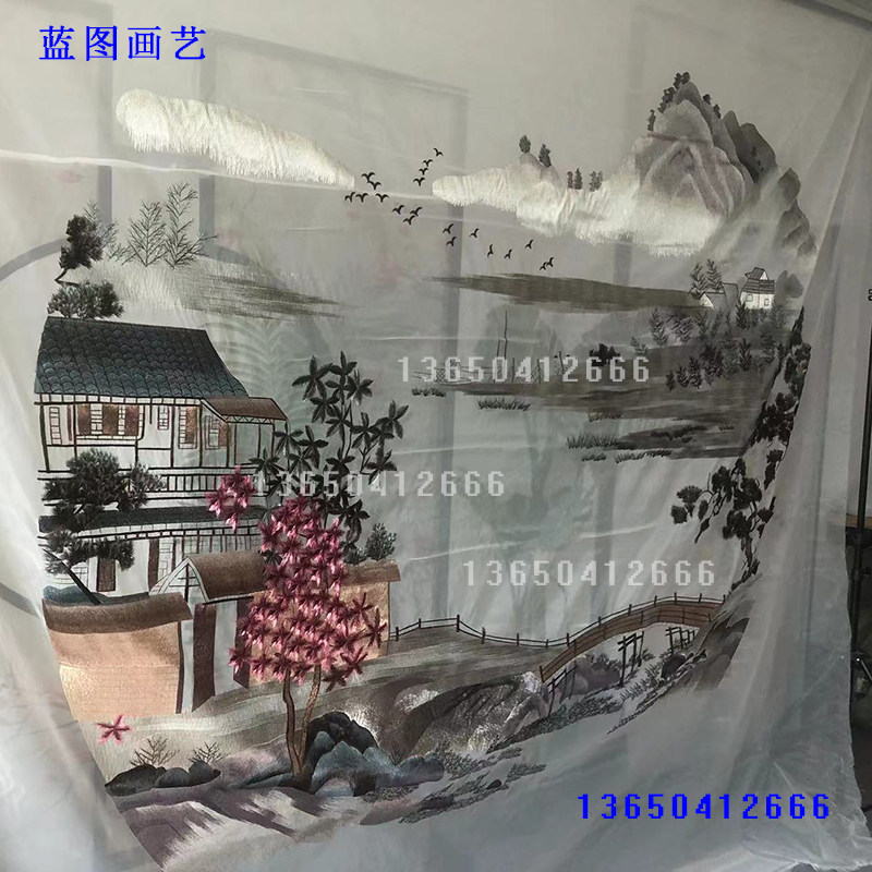 超大直径定制双面半透明苏刺绣屏风画心入户玄关隔断手工机器刺绣