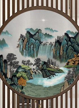 定制半透明纱布画山水全绣双面刺绣苏绣聚宝盆屏风玄关机器绣画心