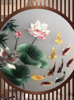 定制半透明纱布画双面苏刺绣花荷花九鱼入户圆形屏风隔断玄关画心