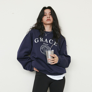 Decemarch宽松圆领休闲印花卫衣复古字母美式 卫衣女 套头街头长袖