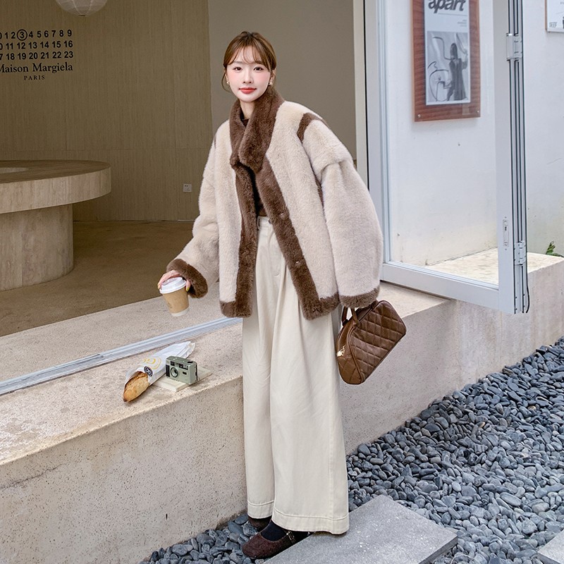 现货-撞色皮毛一体外套ZB175-F8410P195-K288，女装皮草，小麦子服饰