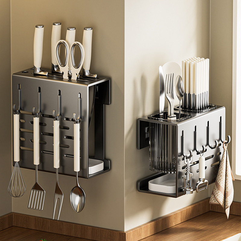 免打孔厨房刀架多功能壁挂式刀具收纳架一体架勺子筷子筒置物架子