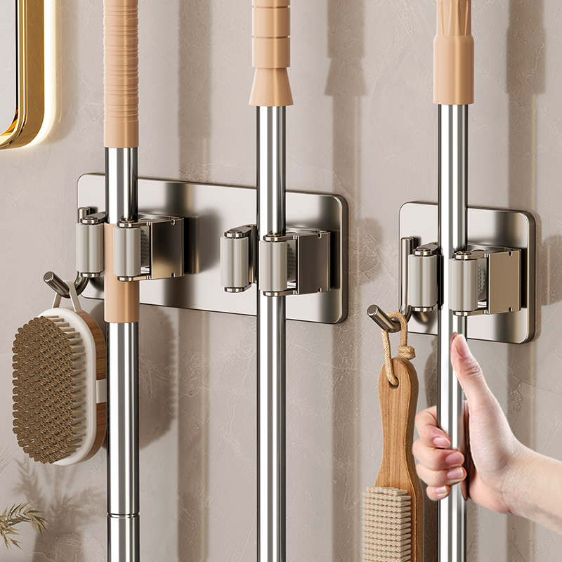 拖把壁挂夹不锈钢挂钩免打孔卫生间收纳神器多功能扫把拖布固定架